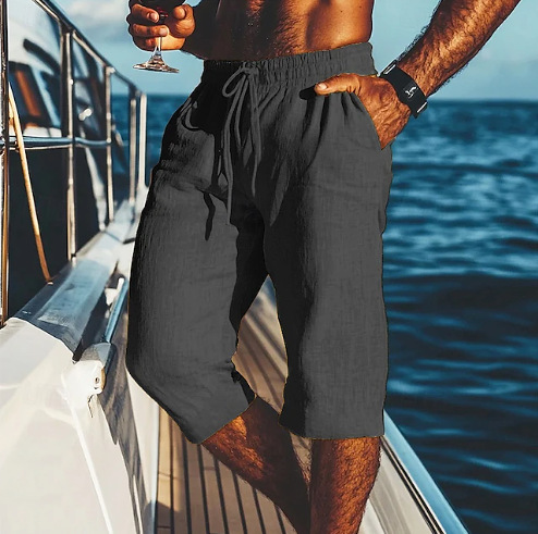 Men's Capri Pants New Linen Summer Beach Shorts With Pockets Drawstring Elastic Waist Solid Color Comfortable And Breathable_viptrois.com
