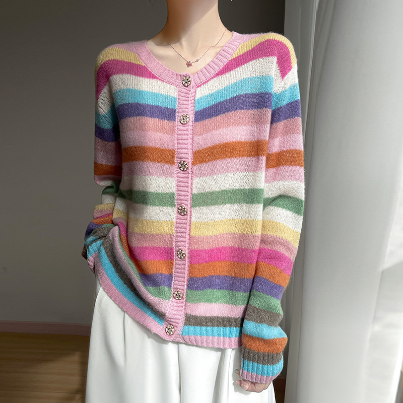 2025 Spring and Summer New Mulberry Silk Cashmere Round Neck Knitted Cardigan Long-Sleeved Rainbow Stripesd Soft Waxy Light Top