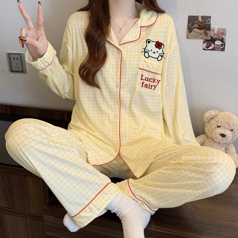 Al por mayor transfronterizo nuevo primavera y otoño pantalones de manga larga pijamas cardigans con ropa casualizada de algodón de dibujos animados