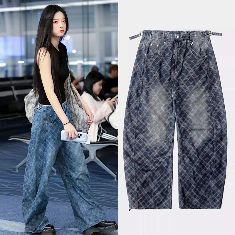 Minju Park Min-Woo's Same Style Badblood American Retro Leopard Print Camouflage Jeans Plaid Scimitar Wide Leg Pants
