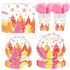 新しい油絵ピンククリスマスツリーパーティーパーティー用品使い捨て紙皿クリスマス誕生日パーティー食器
