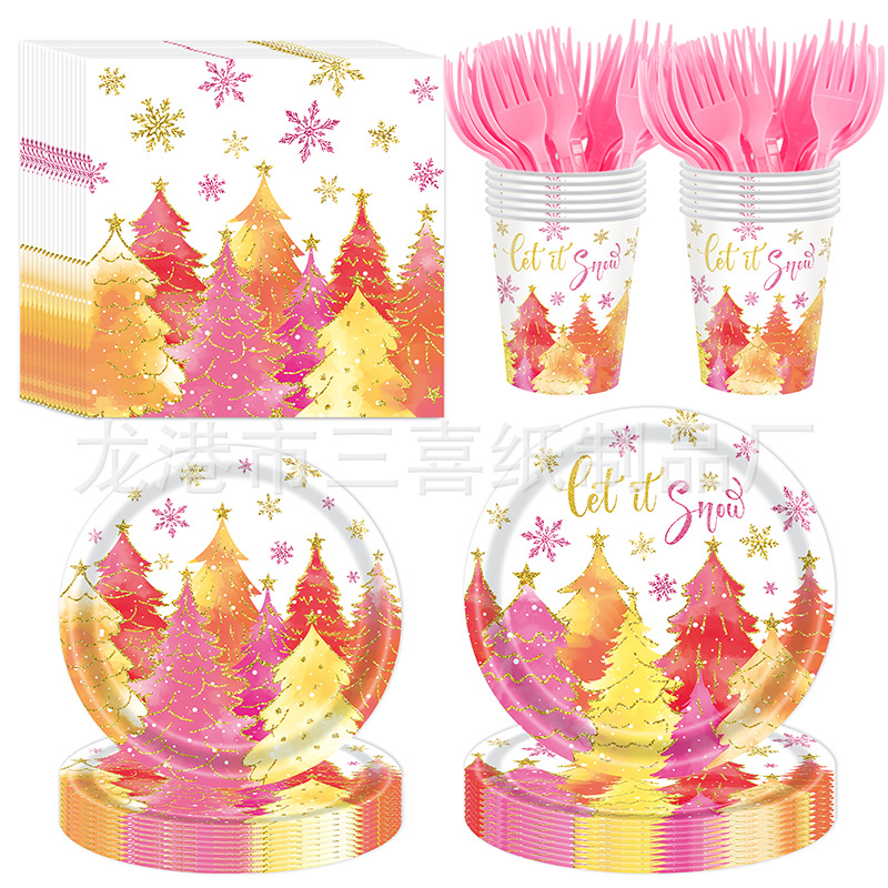 New Oil Painting Pink Christmas Tree Party Supplies Disposable Paper Plate Christmas Birthday Party Tableware