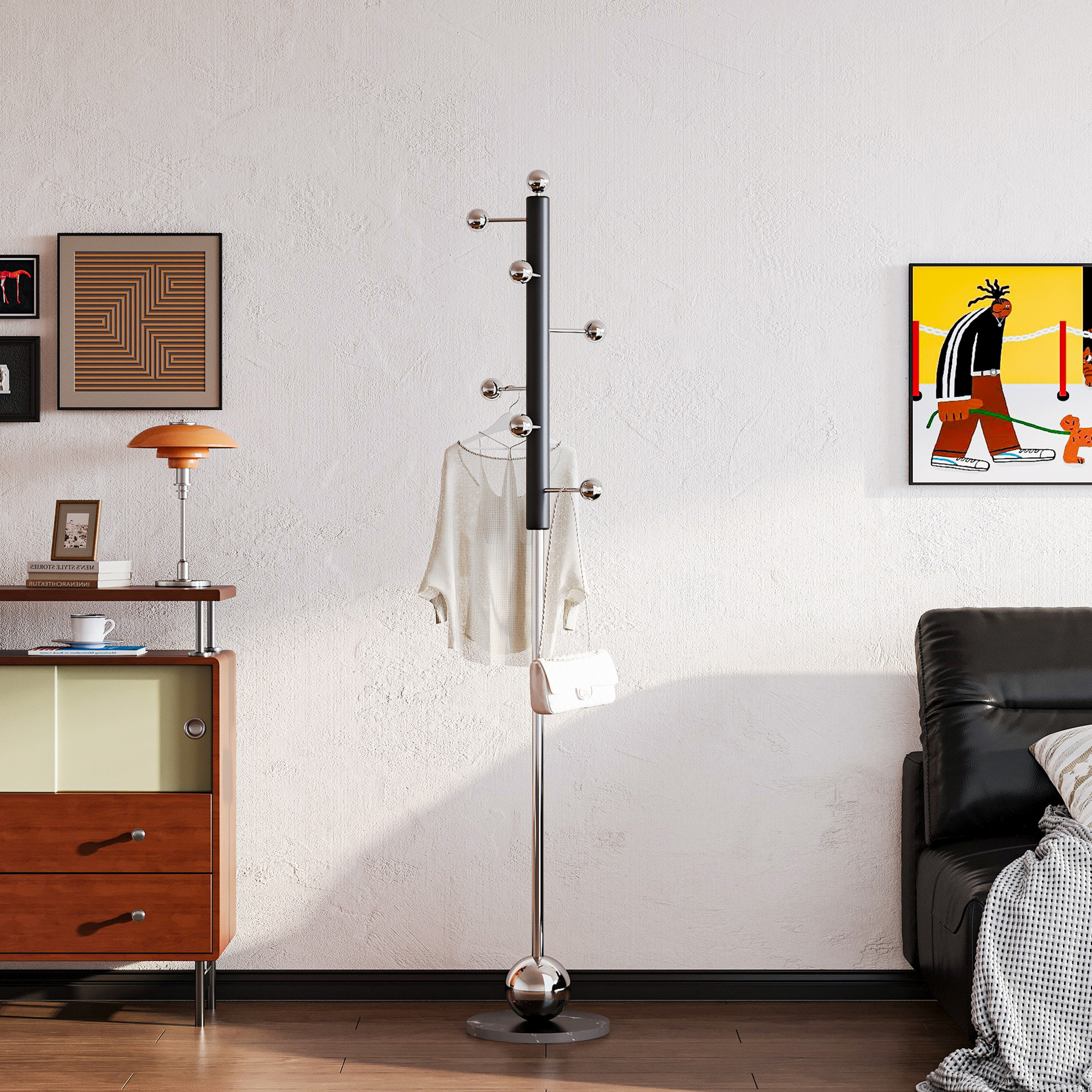 Italian-Style Floor-Standing Coat Rack, Lightweight Household Entryway Bedroom Single Rod Stainless Steel Designer Clothes Hanger