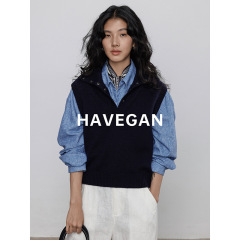 与间HAVEGAN/秋季翻领无袖针织马甲女软糯外穿毛衣背心慵懒上衣