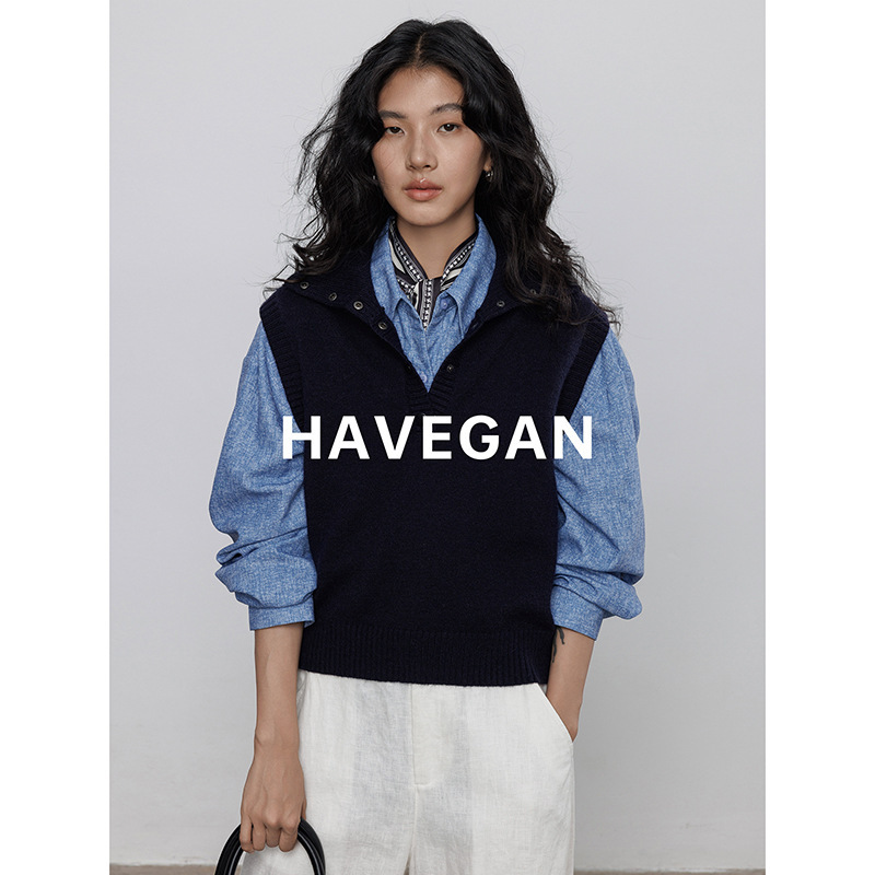 与间HAVEGAN/秋季翻领无袖针织马甲女软糯外穿毛衣背心慵懒上衣|undefined