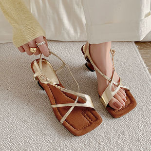 Women's Shoes 2025 Summer New Square Toe Open Toe Sandals Outer Wear Sliding Buckle Thin Strap silver High Heels Fashion Sandals