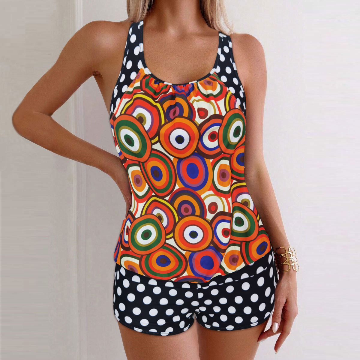 Nuevo estilo de comercio exterior europeo y americano, traje de baño conservador con estampado de lunares, bóxer dividido transfronterizo para mujer, traje de baño tangini de dos piezas