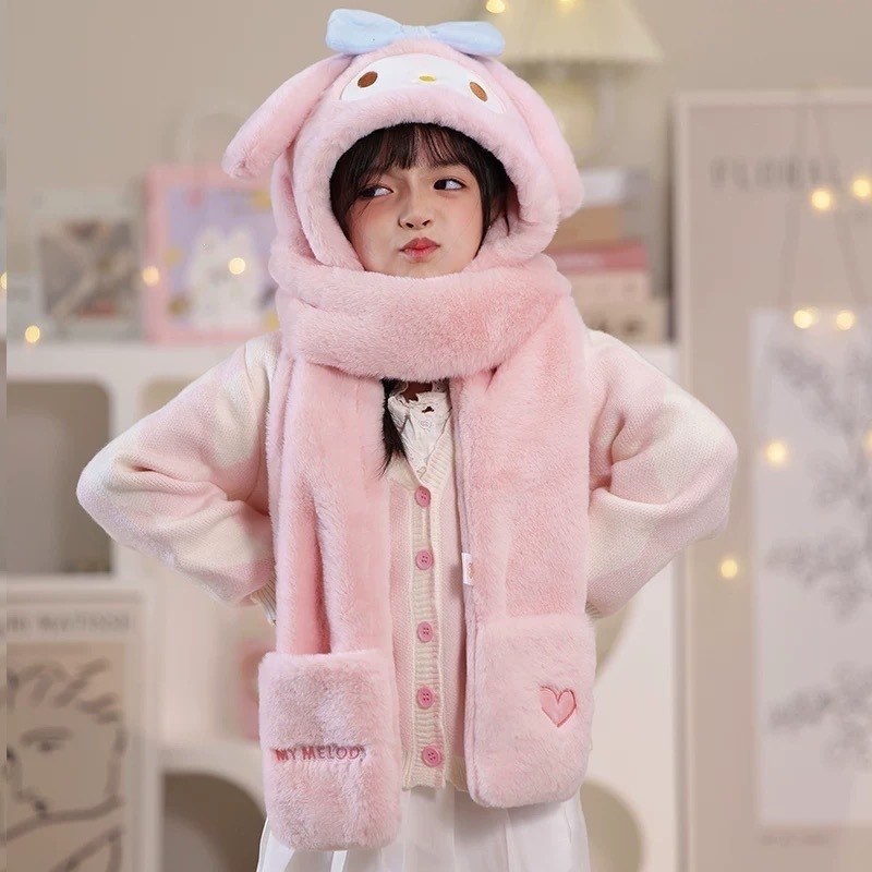 Cute Cartoon Hat for Women, Autumn and Winter Three-piece Set, Windproof and Warm Plush Hat, Scarf, and Gloves, 3-in-1 Integrated Hat
