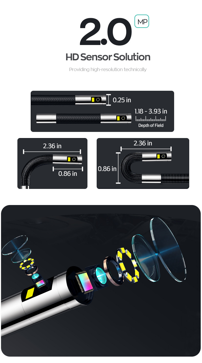 Industrial endoscope, dual lens, 360° rotatable, 7 inch screen, HD