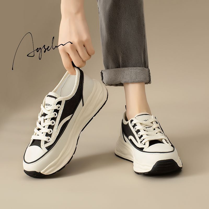 Beihaidao moda de suela gruesa zapatos de lona con cordones para las mujeres 2024 primavera nuevos zapatos blancos planos de moda para las mujeres
