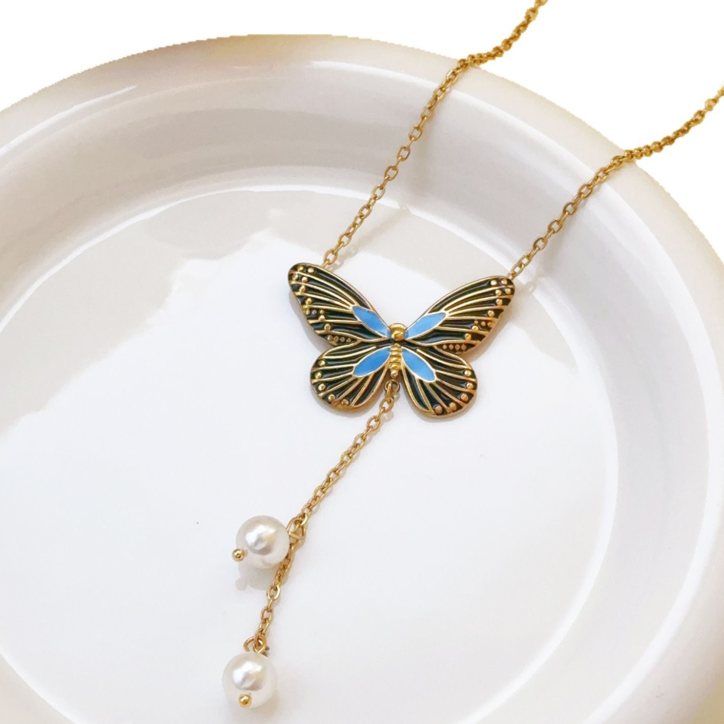 Nuevo estilo francés azul y oscuro, mariposa de titanio, perla de acero, collar de acero de titanio, joyería femenina, conjunto de temperamento, pulsera, pendientes image 5