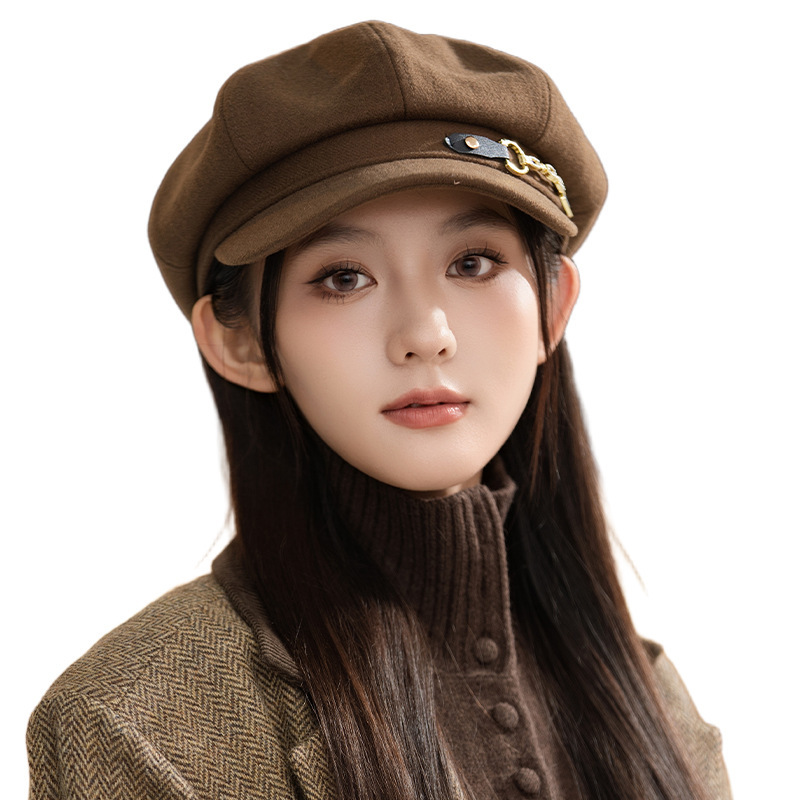 新款韩版链条八角帽女秋冬休闲文艺复古保暖潮流洋气女士贝雷帽潮|undefined