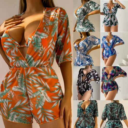 2025 European and American Three-Piece Bikini Beach Sunprint Cover-up Swimwear for Women