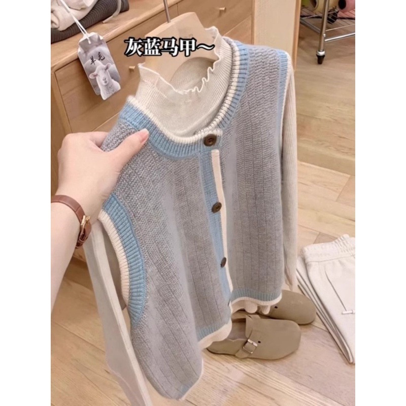 撞色针织马甲开衫女秋冬叠穿外搭坎肩背心上衣|undefined