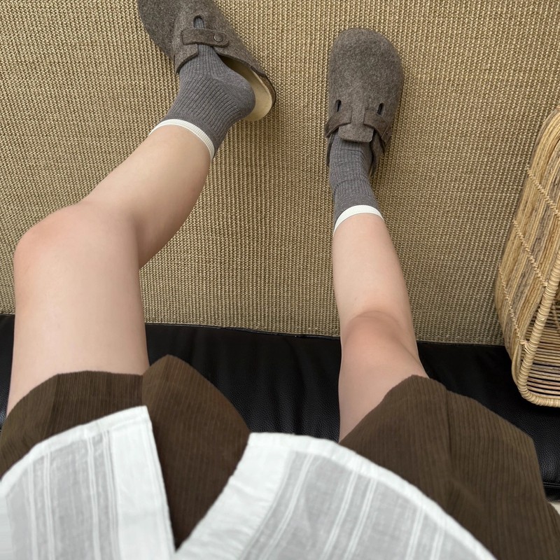 南业新款撞色双罗口韩版抽条直板中筒女袜超柔棉无骨缝有跟堆堆袜|undefined