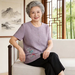 中老年人夏装女奶奶装宽松棉麻套装妈妈夏季套装80岁90老太太上衣