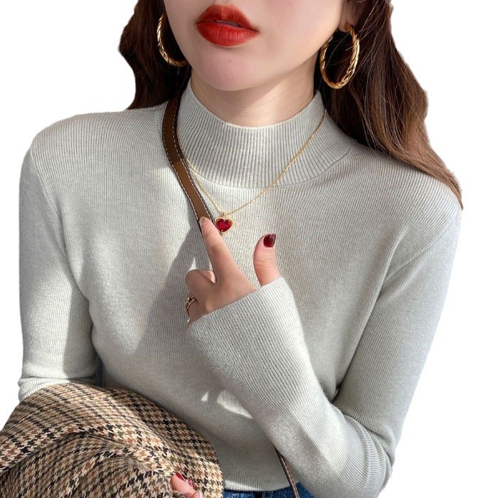 반 높이 칼라베이스 셔츠 여성용 긴팔 봄 가을 착용 내부 스웨터 올 매치 얇은 슬림 핏 슬리밍 서양식 니트 탑