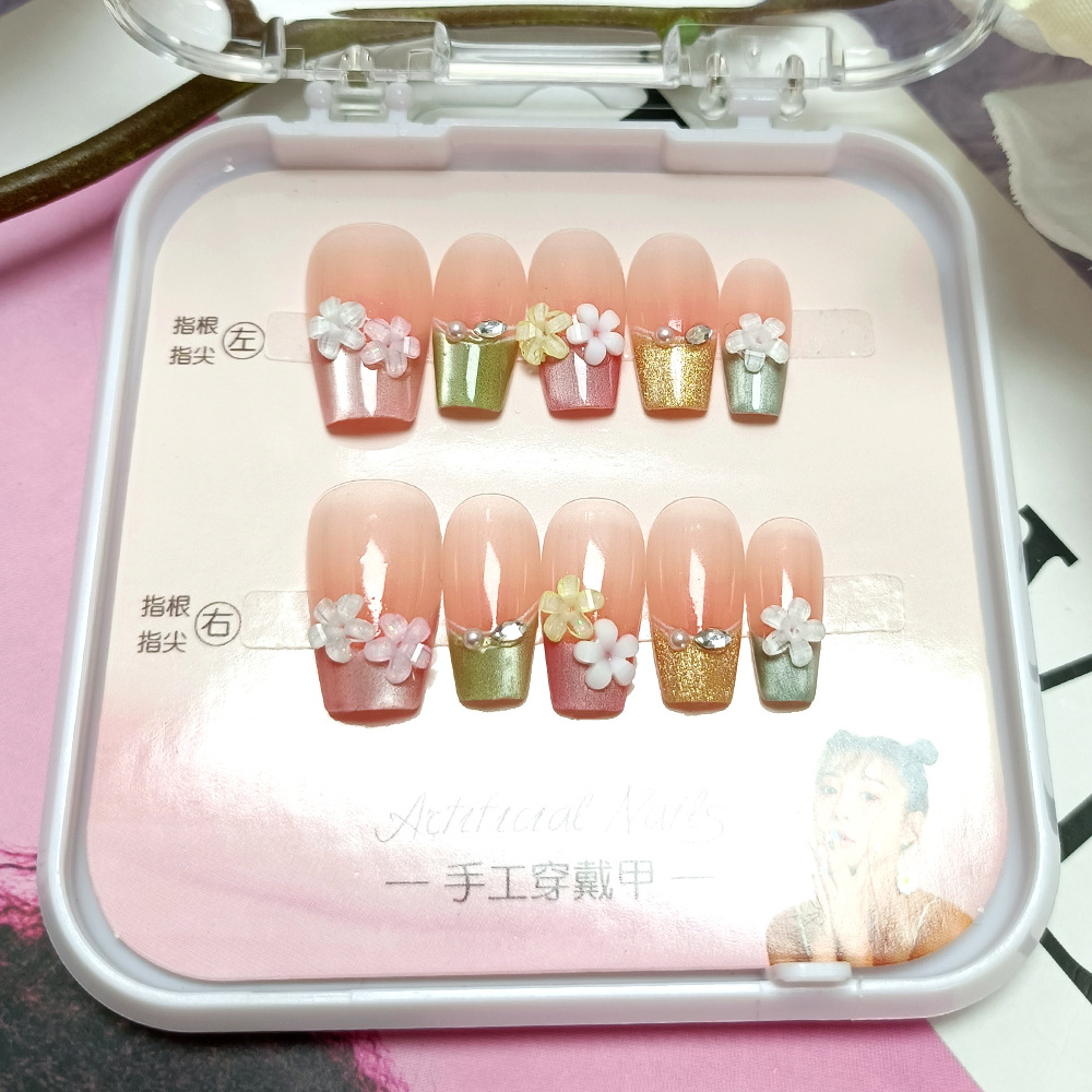 Juego de 10 piezas de decoración floral para uñas, uñas postizas hechas a mano de alta gama, pegatinas de uñas 3D con efecto ojo de gato y diamantes de imitación, tendencia en TikTok.