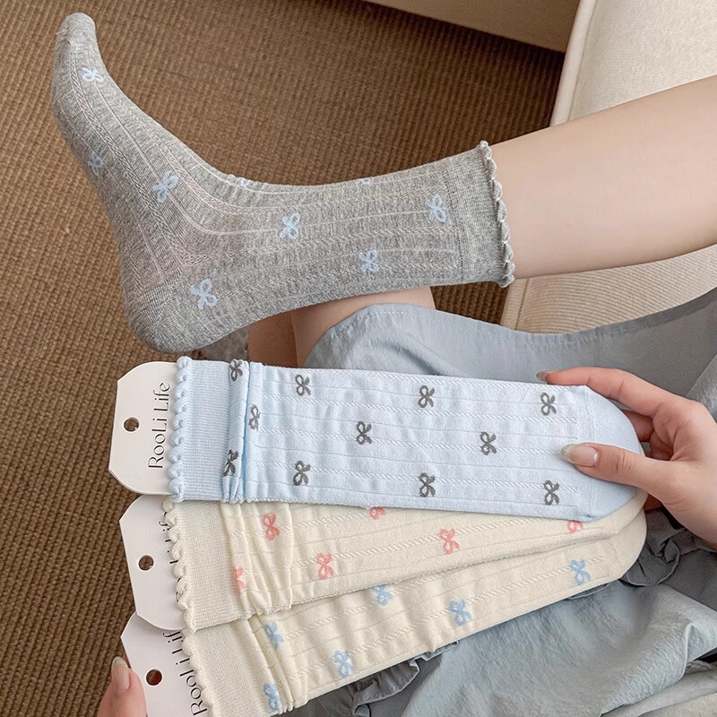 Grey Socks Women's Mid-tube Socks Lace Bow Cute Girl Summer Thin Sweat-absorbent Pure Cotton Boneless Stacked Socks