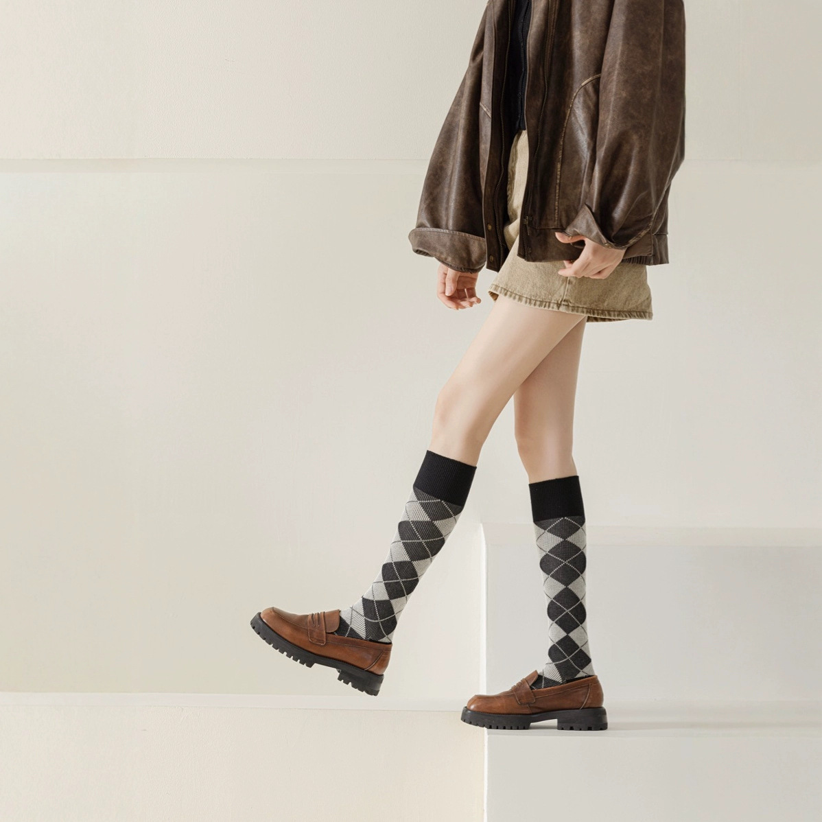 Calzini snellenti stile college britannico classico a doppia cucitura 2025d per donna, stile Argyle Ins, calzini lunghi fino al ginocchio_voghion.com