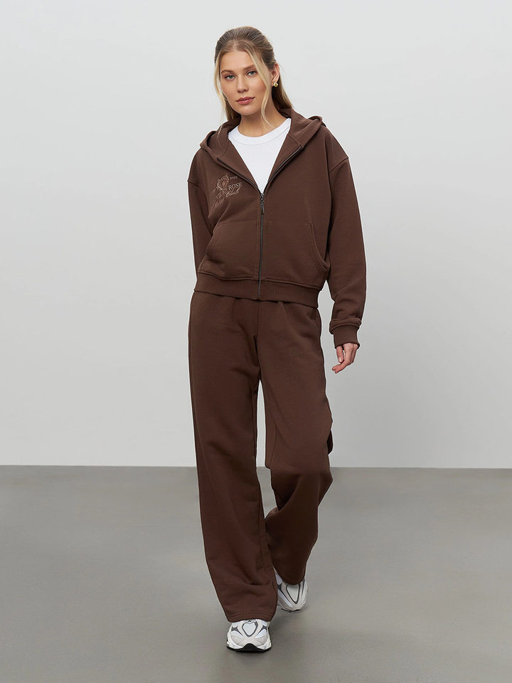 Bộ đồ thể thao nữ hai mảnh áo hoodie khóa kéo ngắn tay dài và quần dài — Màu xanh hải quân, màu xanh đậm, nâu sẫm