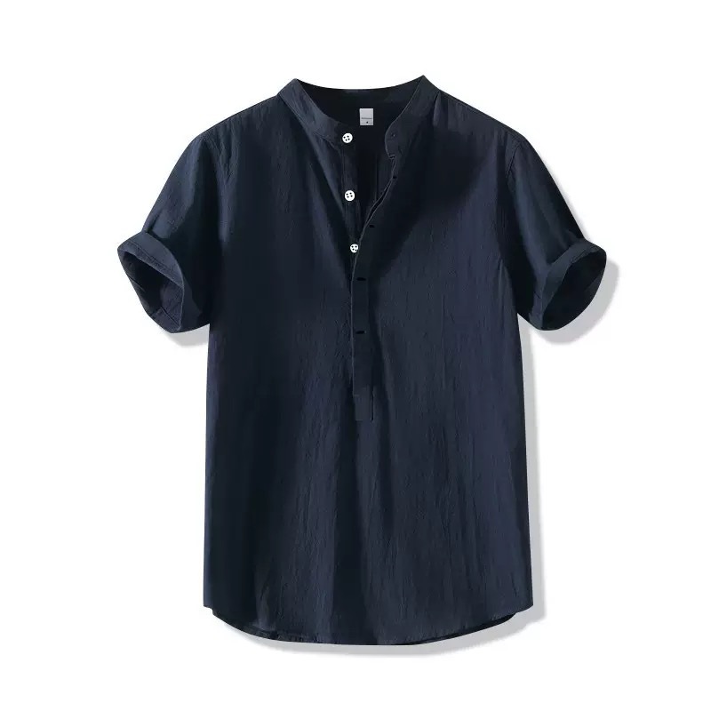 Breathable Linen Blend Short Sleeve Shirt For Men, Casual Summer Pullover Top With Comfort Fit_viptrois.com