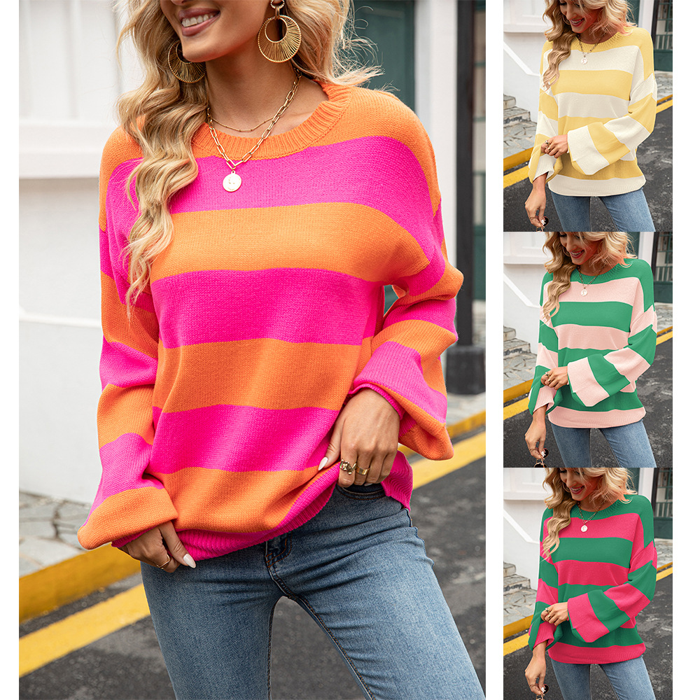Suéter de punto urbano informal de talla grande con cuello redondo y patchwork a rayas, estilo holgado y relajado, primavera 2026.
