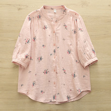 印花衬衫女夏季薄款休闲气质衬衣显瘦上衣服短袖双层棉纱打底