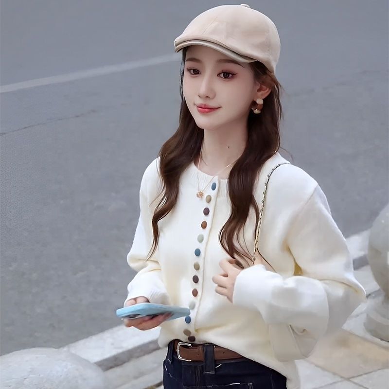 彩色纽扣圆领针织开衫女安可拉红宽松叠穿长袖春秋小香风毛衣外套|undefined