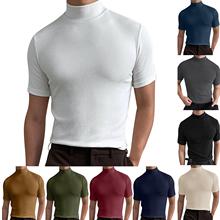 2023年亚马逊跨境欧美男装秋冬款高领短袖T恤男士打底衫纯色上衣