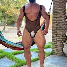 男士性感舒适透气透明约会中性腹肌胸肌连体衣塑身性感紧身三角款