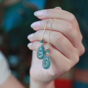 New Jade Earrings Natural A Goods Blue Water Old Material Ruyi Ear Line Jade Women's All-body 925 Silver Gold Plated Accessories