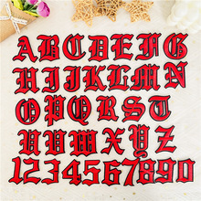 红色古罗马字母数字热熔胶刺绣贴.绣花标小章仔补丁布贴服装辅料