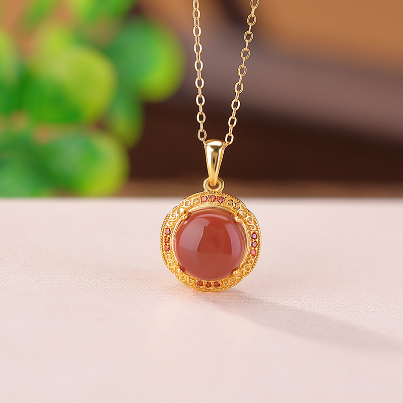 Mặt dây chuyền bạc S925 mạ vàng đỏ hình tròn rỗng hoa phương nam phong cách cung điện — Mặt dây chuyền đơn (không có dây chuyền)