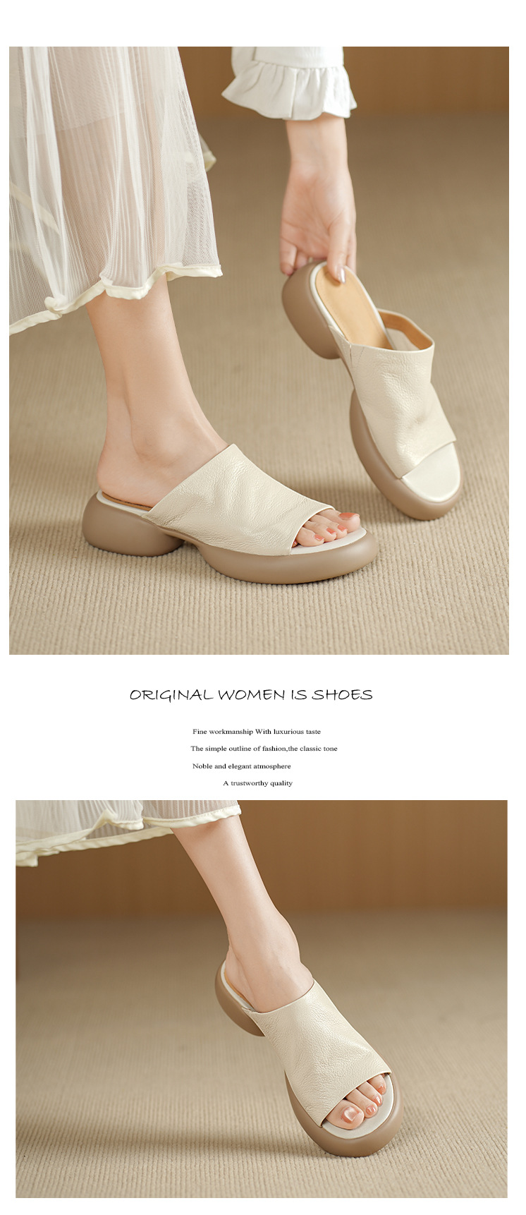 Sandal nữ hở mũi gót thấp đế dày 4cm da dê — màu trắng ngà chi tiết 7