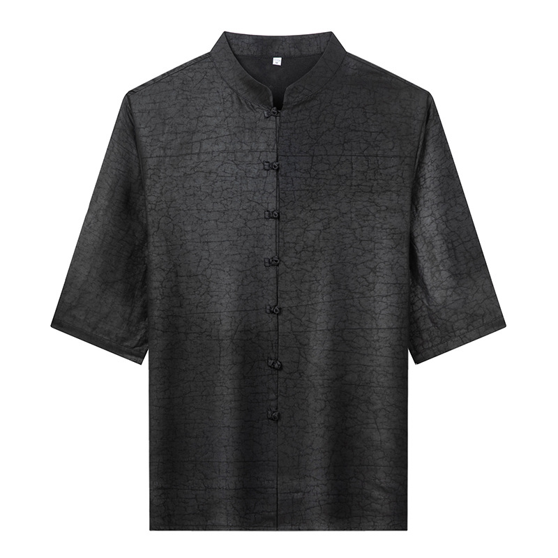 Men's Xiangyunsha Turtle Crack Stand Collar Suit Summer Thin Silk Three-Quarter Sleeve Retro Button Casual Top for Men