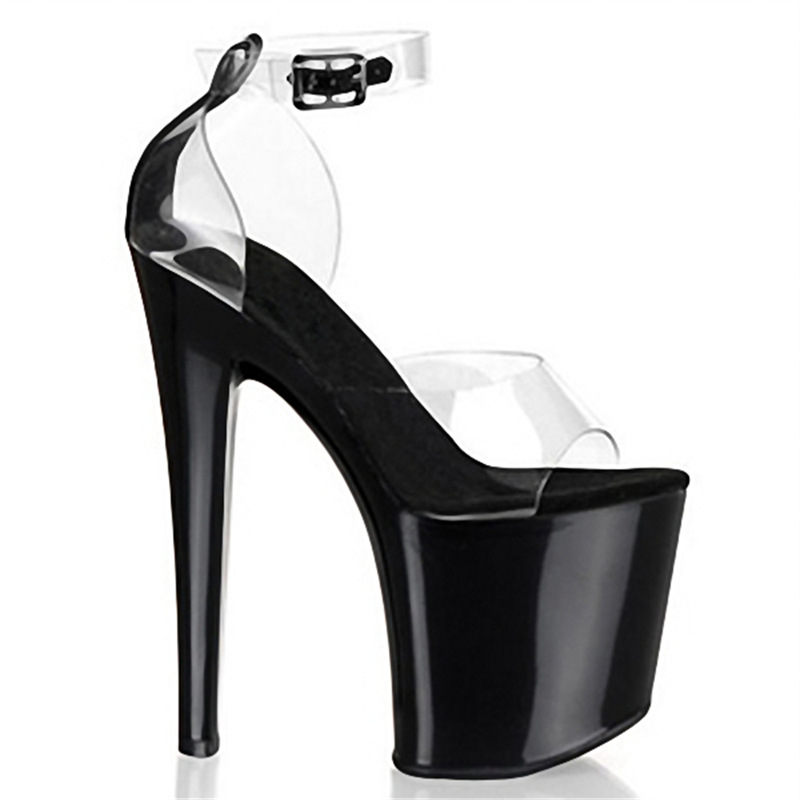 Zapatos de actuación sexy de tacón súper alto de 26cm, tacones súper altos, plataforma de tacón de aguja, sandalias de cristal transparente con boca de pez
