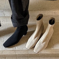 2025秋冬季绒面时尚显瘦弹力靴子后拉链加绒方头粗跟短靴4142大码