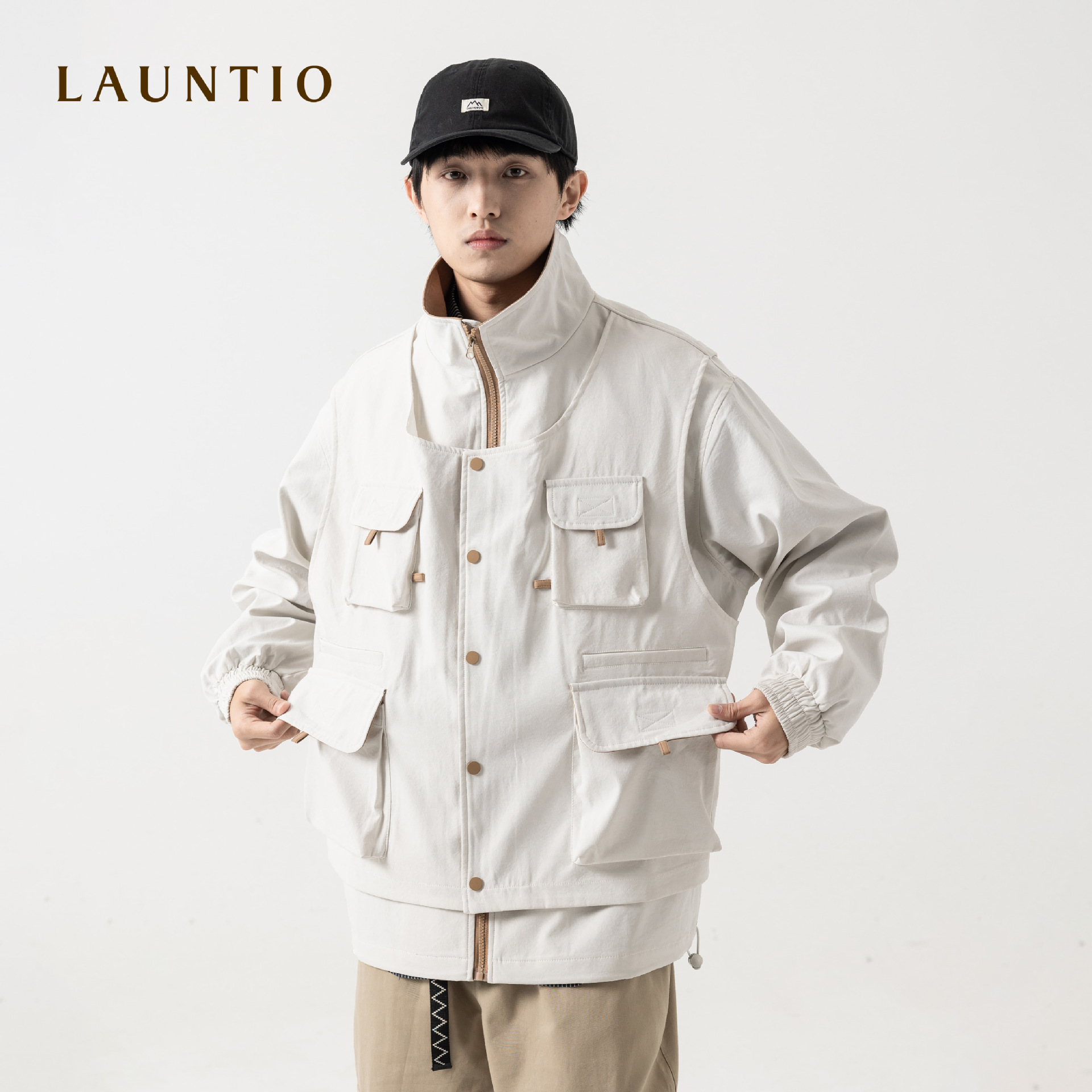 龙之日系工装2023春季立领拼色夹克假两件立领.多口袋装饰夹克男|ms