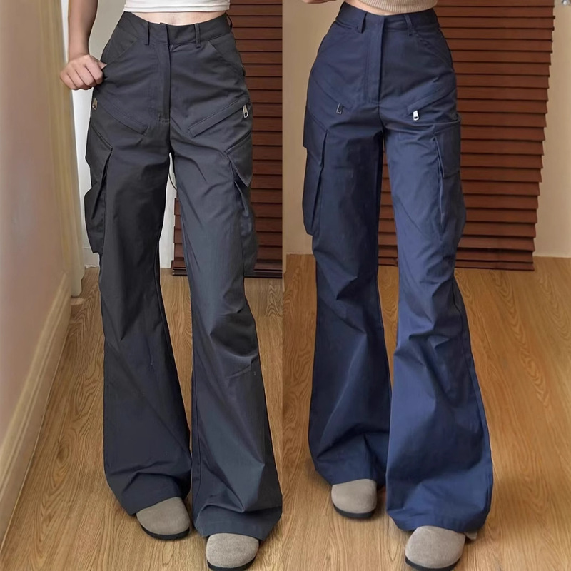 2025 New High-Waisted Dark Gray Cargo Pants American Style Sweet Cool Straight-Leg Casual Pants Slimming Tall Women's Flared Pants