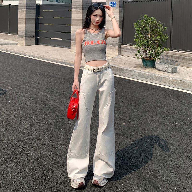 American Retro Spring New Slim-Fit Mid-Low Waist Flattering Flared Hot Girl Jeans White Pants American Retro Spring New Slim-Fit Mid-Low Waist Flattering Flared Hot Girl Jeans White Pants