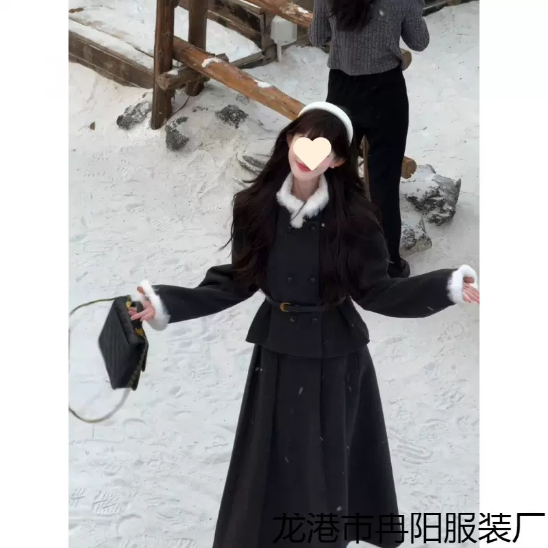 财阀大小姐氛围感毛领双排扣小香风外套女冬季高腰包臀半身裙套装
