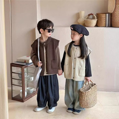 Children's Vests 2024 Autumn New Product Korean Style Unisex Kids Woolen Vest Baby Single Button Round Neck Cardigan Trendy Style