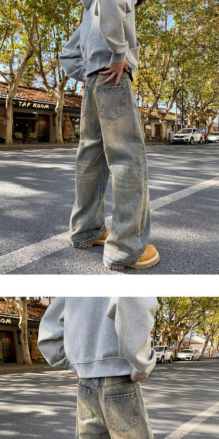Men's Retro Distressed Cement Yellow Wide Leg Jeans High Waisted Loose Fit Slimming Straight Leg Jeans New Style Machine Washable_mkmklike.com