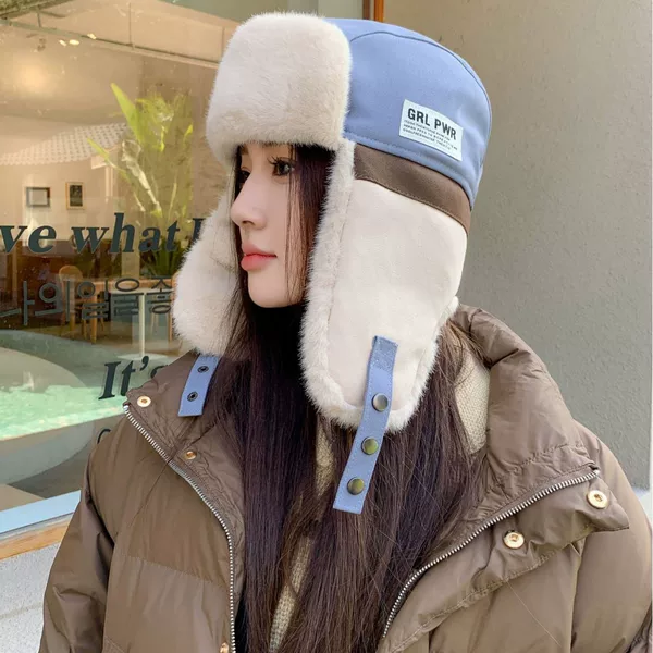 Korean-style color-blocked Lei Feng hat for men and women, suitable for outdoor skiing, fashionable cycling, warm ear protection, fleece-lined and thickened, cross-border