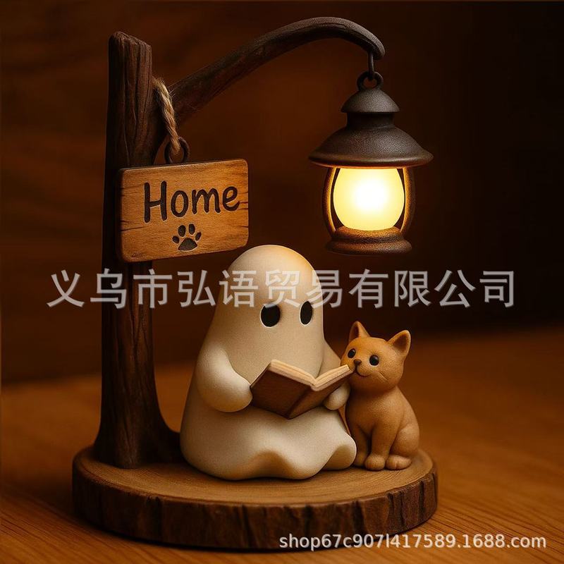 跨境创意万圣节装饰夜灯下看书小幽灵节日氛围派对装饰桌面摆件|undefined