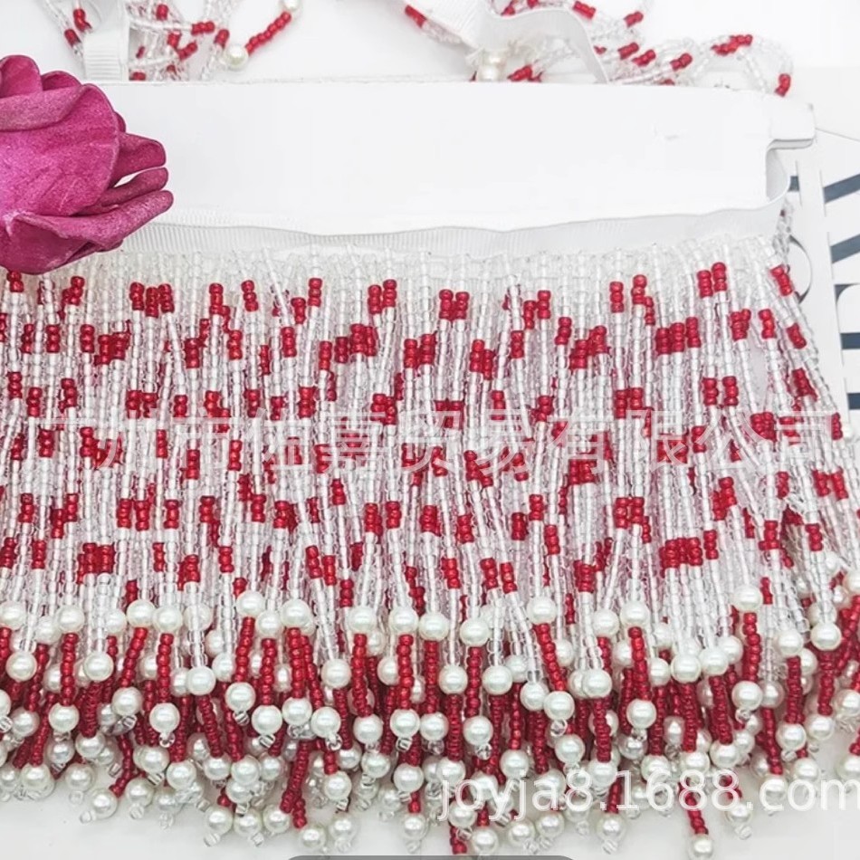 H429手工钉珠单边带珍珠流苏花边礼服婚纱头饰舞服服装辅料配饰