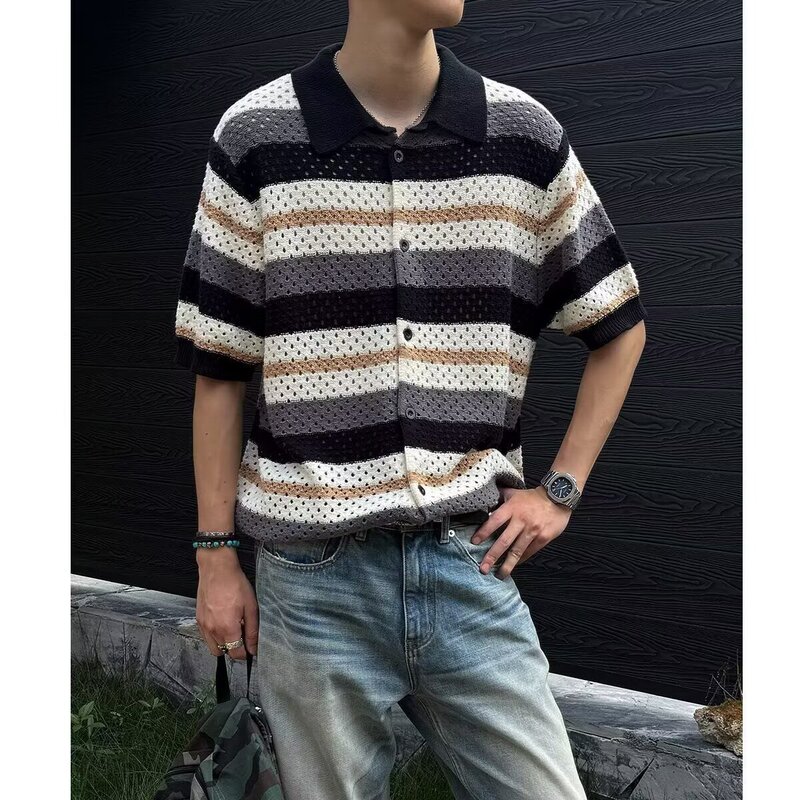 Hollow-Out Striped Design Puff Cotton Knit Short-Sleeve Cardigan for Men, Summer New Aristocratic Old Money Style, Regular Shoulder Boxy Top Hollow-Out Striped Design Puff Cotton Knit Short-Sleeve Cardigan for Men, Summer New Aristocratic Old Money Style, Regular Shoulder Boxy Top