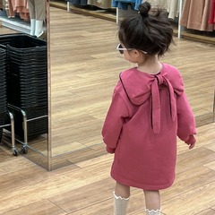 童裝2024春款韓版女童甜美後背大蝴蝶玫紅大翻領公主裙時髦連衣裙