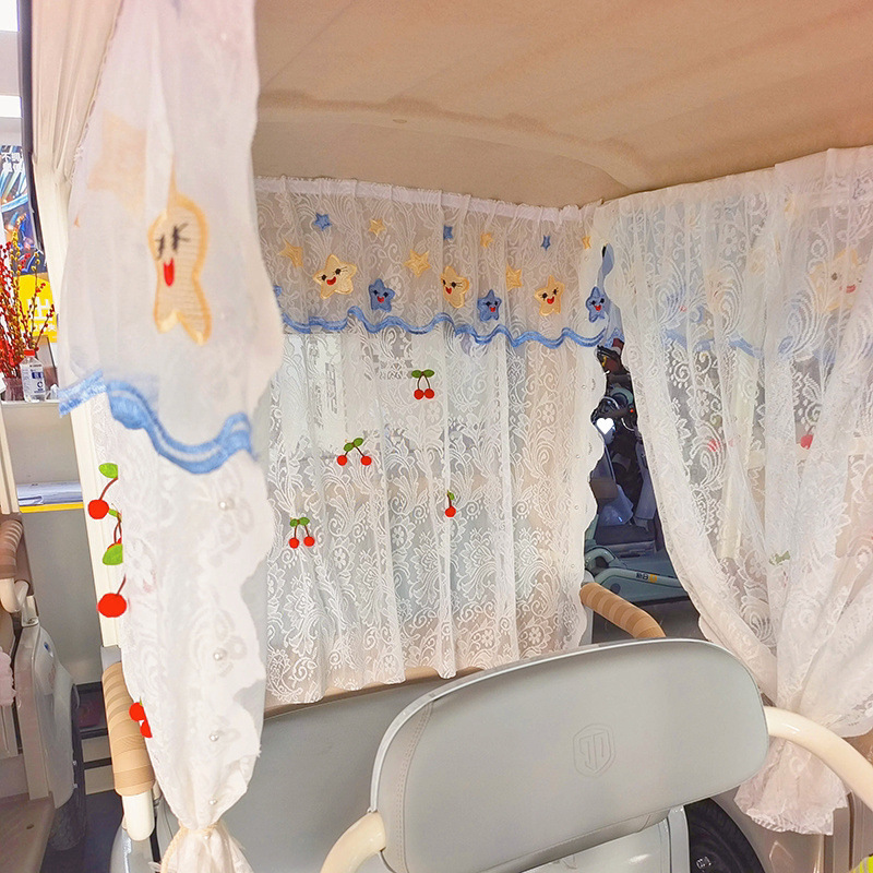 Three-Wheeled Vehicle Lace Curtain Interior Sunshade Curtain, No-Drill Sunshade Magic Tape Princess Solid Color Dustproof Gauze Curtain, Sun Protection